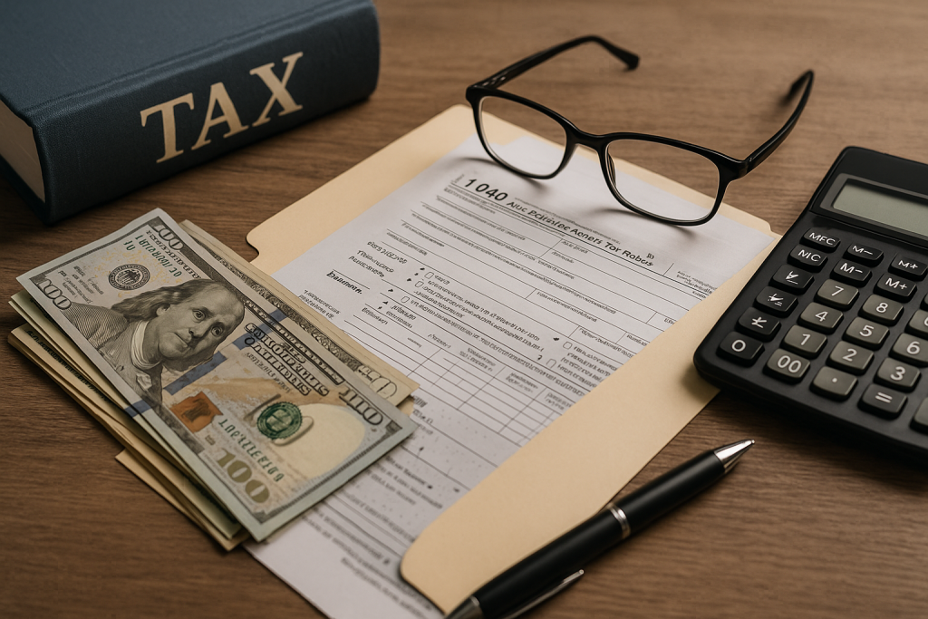 Organized workspace with tax forms, calculator, and financial documents used for bookkeeping and tax services.