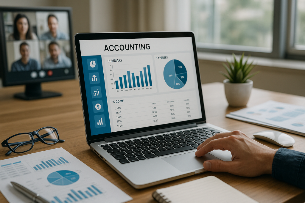 A realistic photo of hands working on a laptop displaying financial charts and reports, symbolizing virtual bookkeeping and tax management for growing businesses.
