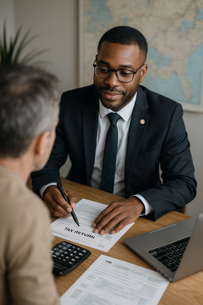 A professional Enrolled Agent reviewing tax documents and bookkeeping records with a client during tax season