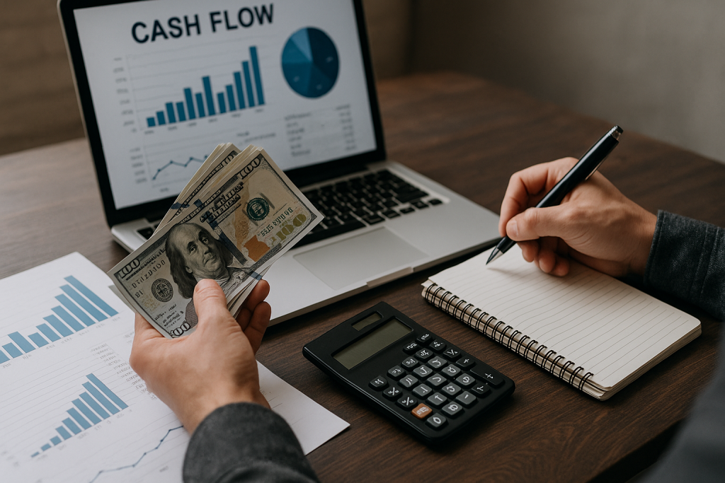 Professional reviewing cash flow charts, counting money, and taking notes as part of detailed bookkeeping and tax planning work.