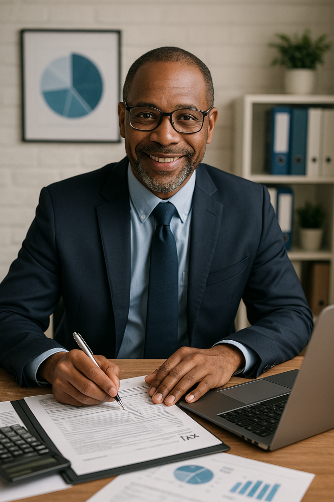 Professional tax advisor reviewing bookkeeping records and financial documents in an office.