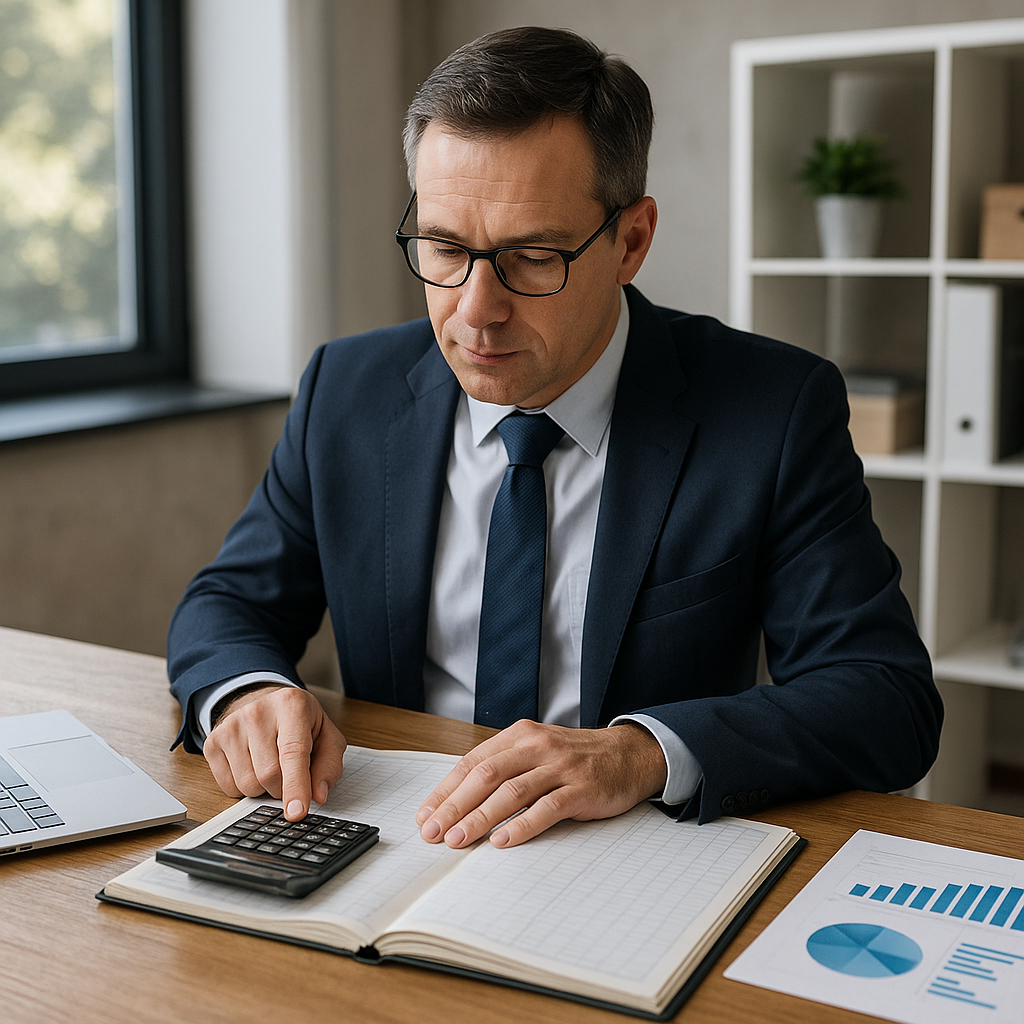 A professional bookkeeper reviewing financial records at a clean office desk, using a calculator and organized documents to support accurate bookkeeping and tax planning