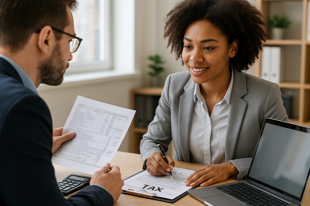 Professional tax accountant reviewing financial documents with a business client during a bookkeeping and tax planning meeting