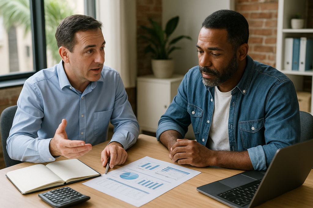 Accountant reviewing financial statements with a small business owner, discussing bookkeeping and tax planning strategies in a professional office setting.