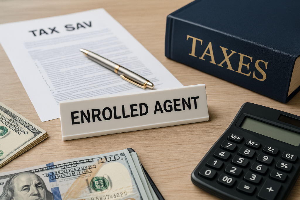 A realistic office desk setup with tax documents, a calculator, money, and professional tools arranged neatly, symbolizing expert bookkeeping and tax preparation services provided by an Enrolled Agent
