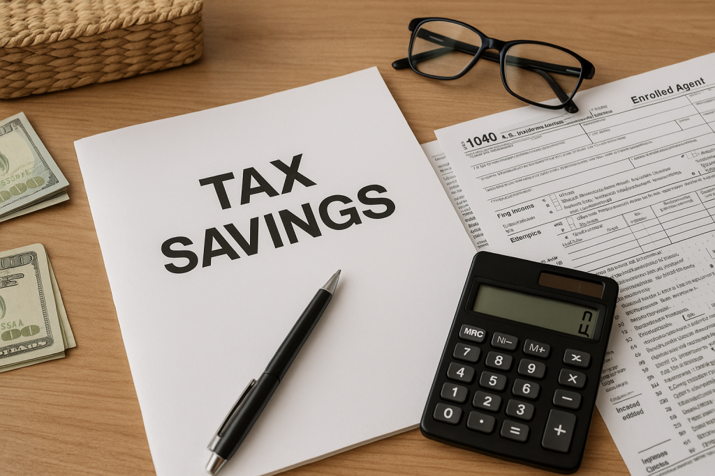 a realistic desk setup with tax forms, a calculator, and financial papers arranged neatly, representing expert tax preparation and bookkeeping services.