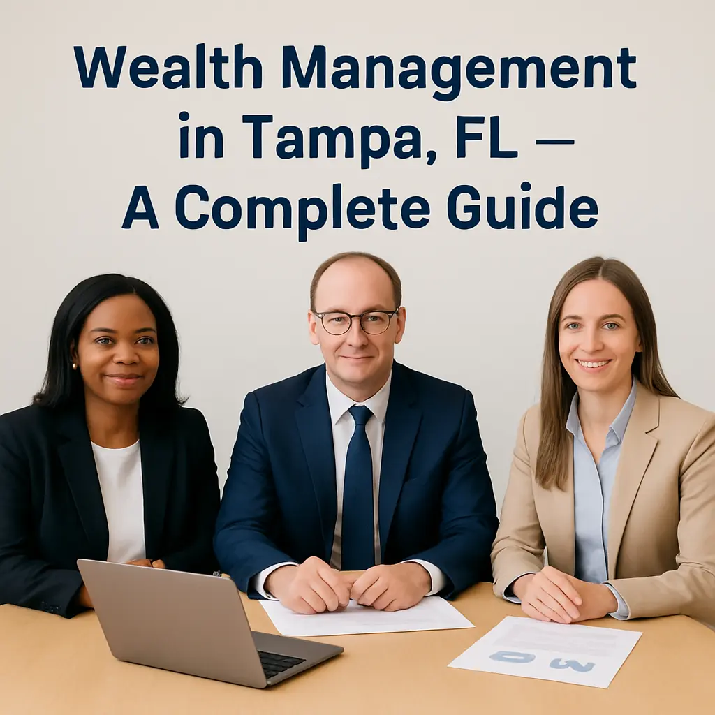 Three professional financial advisors sitting at a clean desk with documents and a laptop, representing expert wealth management and financial planning services in Tampa, FL.
