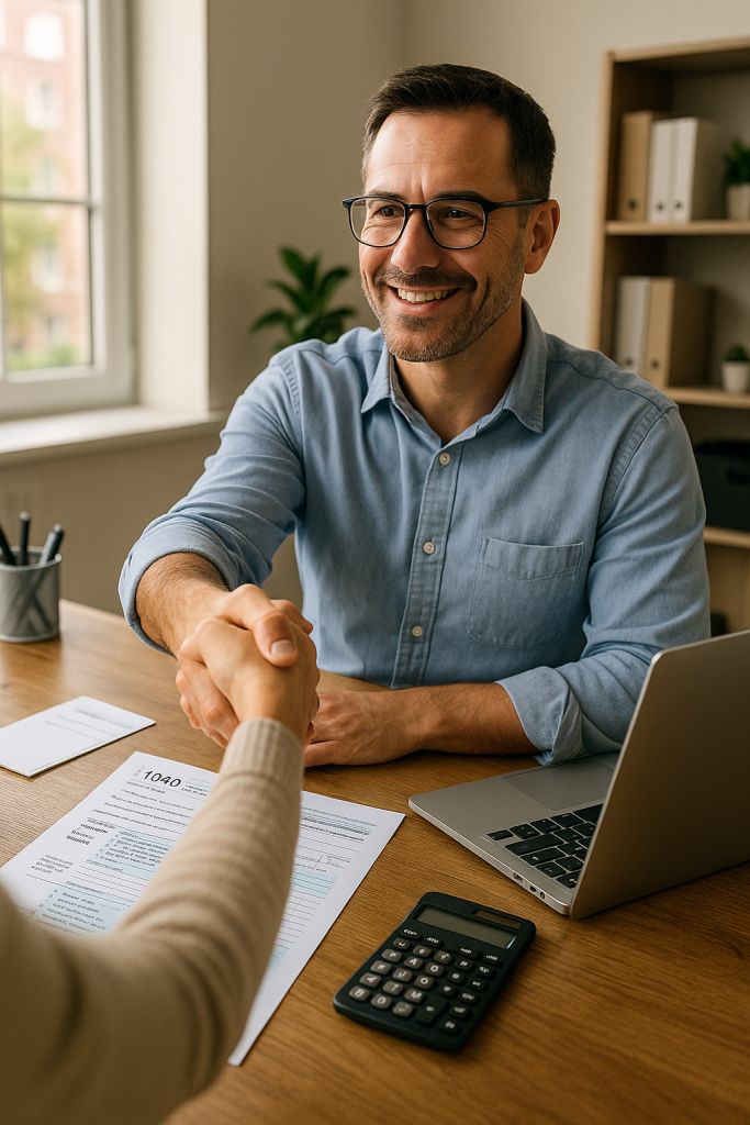 A professional tax preparer shaking hands with a client at a clean office desk, with bookkeeping documents, a 1040 tax form, a laptop, and a calculator visible, representing trusted local income tax preparation services.