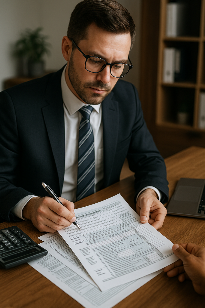 Professional tax preparer reviewing financial documents and bookkeeping records during a detailed tax preparation session.