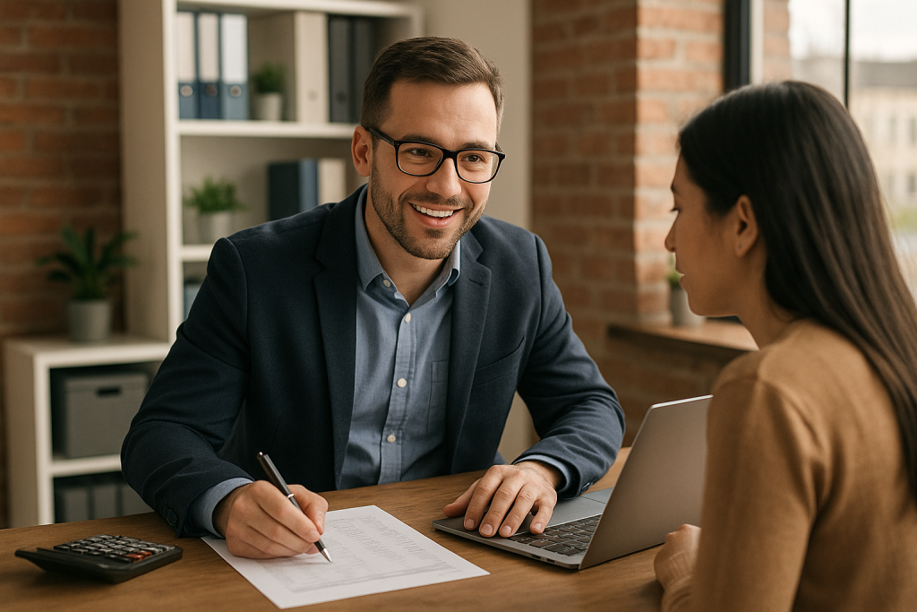 A professional accountant meets with a small business client at a clean office desk, reviewing bookkeeping records and tax documents together to ensure accurate financial reporting and compliance
