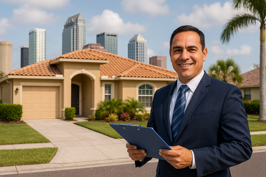 A professional real estate Enrolled Agent in Tampa, FL standing in front of a home, ready to assist clients with tax compliance, real estate bookkeeping, and property-related tax planning.
