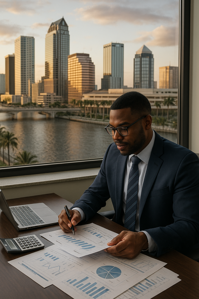 A financial professional reviewing charts and documents in an office overlooking downtown Tampa, representing accurate bookkeeping and strategic tax planning