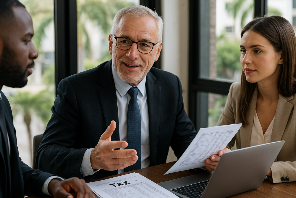 Realistic scene of a tax expert meeting with business owners, reviewing financial documents and tax forms, representing professional bookkeeping and tax advisory services in Tampa.