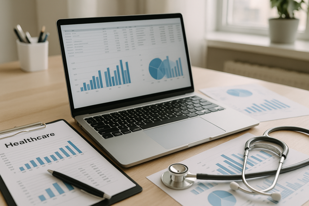 A clean healthcare office desk with financial charts, a laptop showing bookkeeping reports, and a stethoscope, representing outsourced controller and tax management for medical practices.