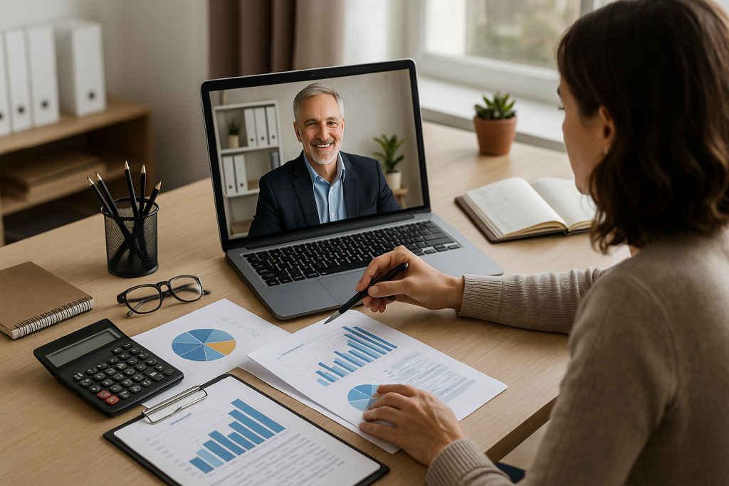 “A small business owner reviews bookkeeping and tax financial reports at a clean desk while receiving virtual CFO guidance on a laptop screen.