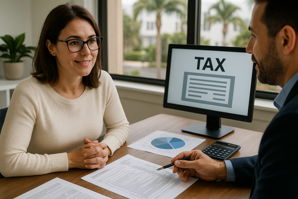 A taxpayer meeting with a professional in a bright Tampa office, reviewing tax documents and bookkeeping records together during the preparation process.