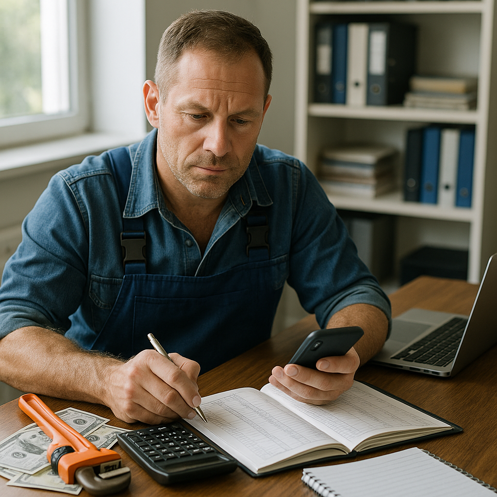 A plumber reviewing financial records at his desk, using a calculator and ledger to organize bookkeeping and tax information for his business.