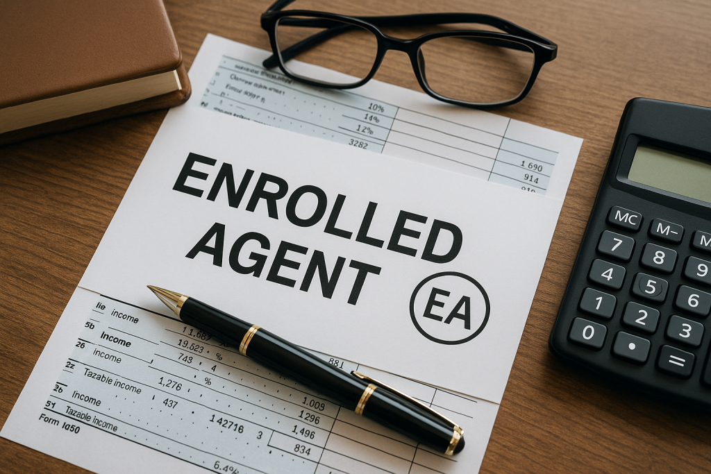 Realistic desk setup with tax documents, calculator, and pen used by an Enrolled Agent performing bookkeeping and tax preparation.