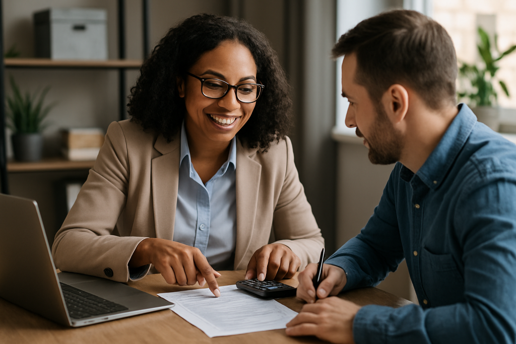 A professional tax preparer reviewing financial documents and calculations with a client, demonstrating accurate bookkeeping and organized tax preparation in a modern office setting.