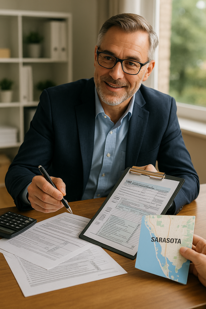 Sarasota tax expert reviewing client documents and explaining bookkeeping details during a consultation