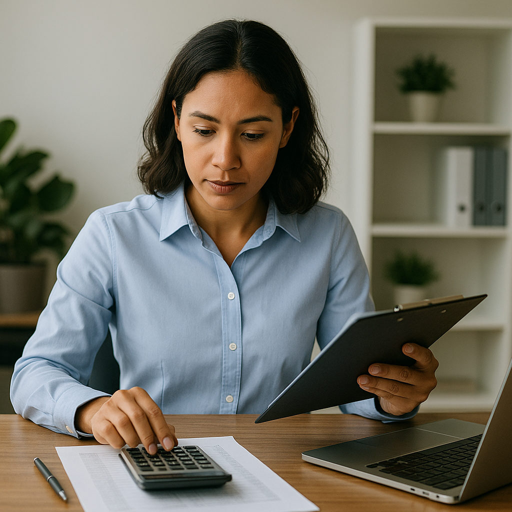 Focused accountant using a calculator and clipboard to complete bookkeeping and tax preparation tasks.