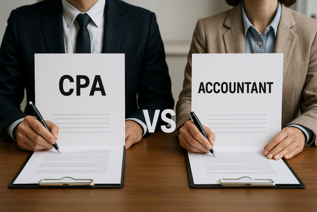 A realistic scene showing two financial professionals working at a clean office desk, reviewing documents and spreadsheets related to bookkeeping and tax planning, symbolizing the differences between a CPA and an accountant