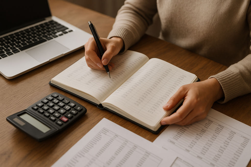 A small business owner reviewing bookkeeping records at a clean desk, with a calculator, financial statements, and a laptop organized for accurate tax and accounting work.