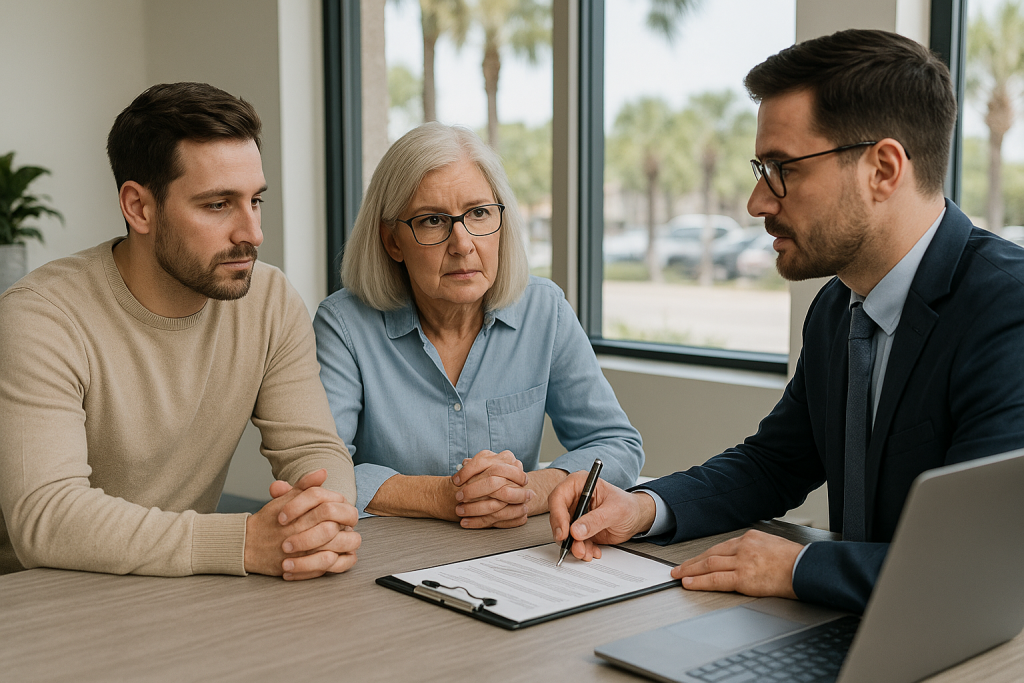 A tax professional in a modern St. Petersburg, FL office reviewing financial documents with clients, providing expert bookkeeping and tax guidance during a detailed consultation.