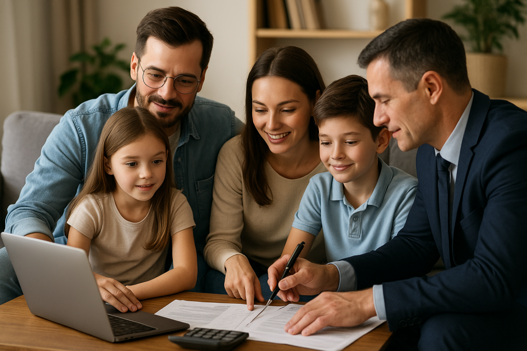 A family meeting with a professional tax advisor at a clean desk while reviewing financial documents, showcasing organized bookkeeping and family office tax planning services