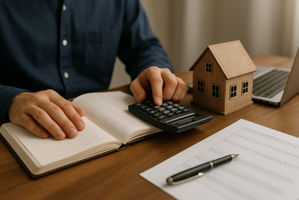 Accountant reviewing real estate bookkeeping records with calculator and financial documents on desk