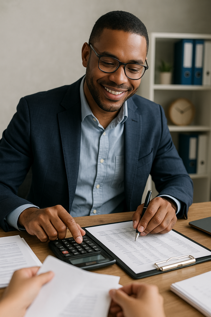 Professional accountant reviewing financial statements and using a calculator during a bookkeeping consultation.