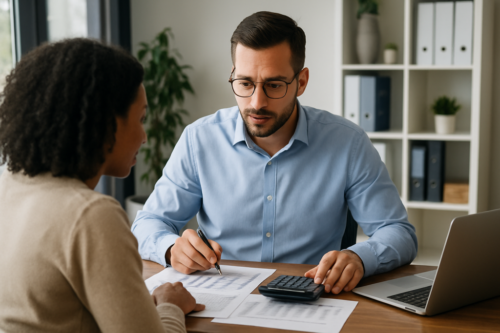 A professional accountant reviewing financial statements with a client during a bookkeeping and tax planning meeting in a modern office