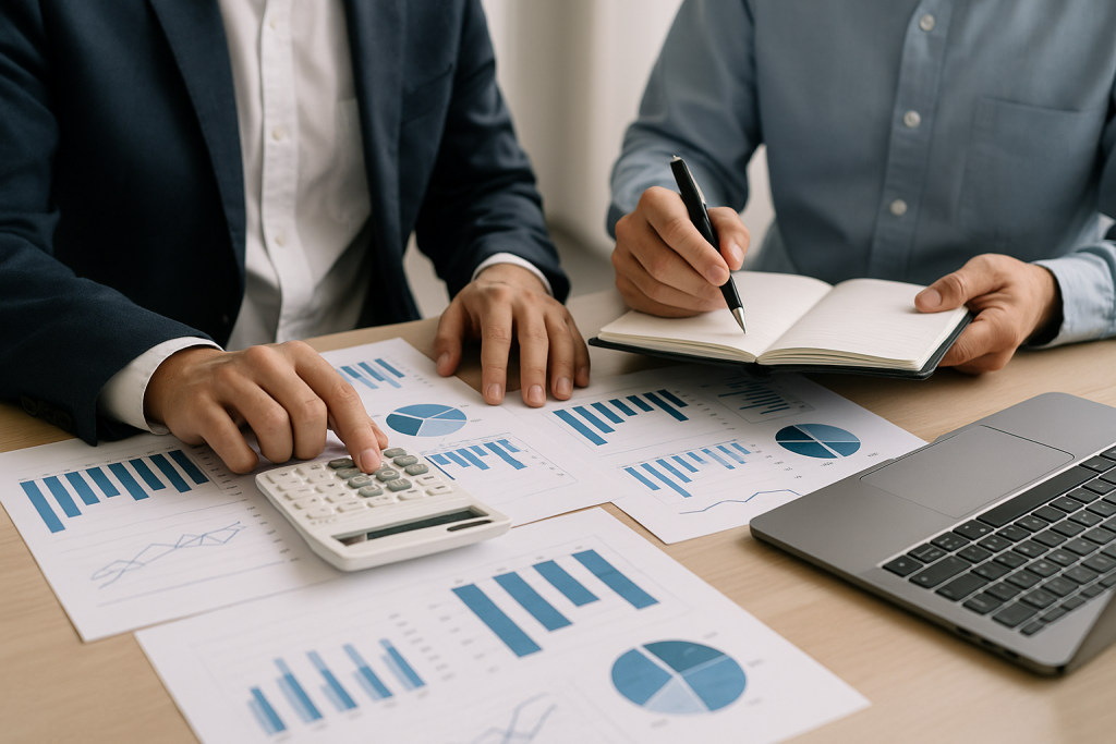 Two financial professionals reviewing bookkeeping reports and tax analysis charts at a clean office desk.