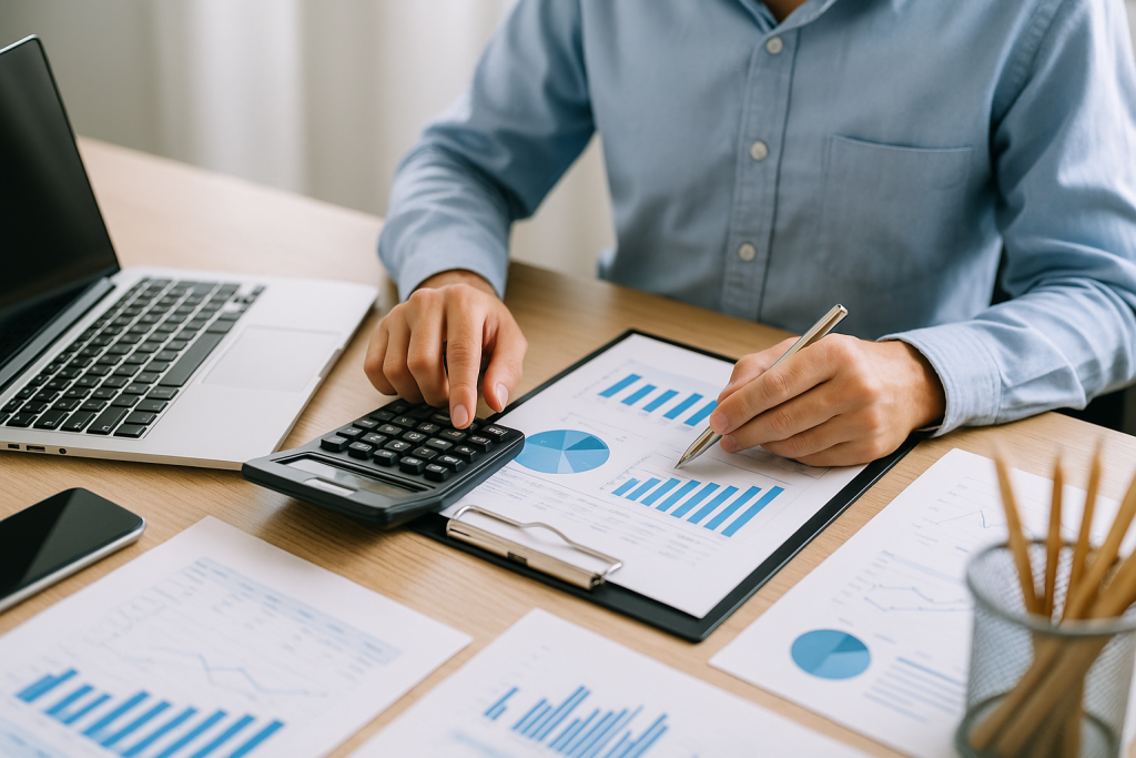 A professional reviewing financial reports at a clean desk with a calculator, charts, and a laptop, representing streamlined bookkeeping processes and organized tax planning for small businesses.