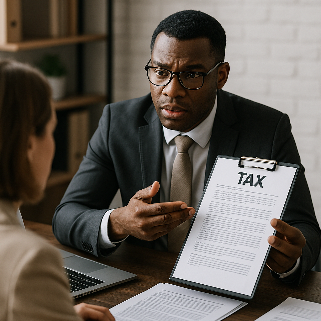 Professional tax accountant reviewing financial documents with a client during a detailed bookkeeping and tax planning consultation in a modern office