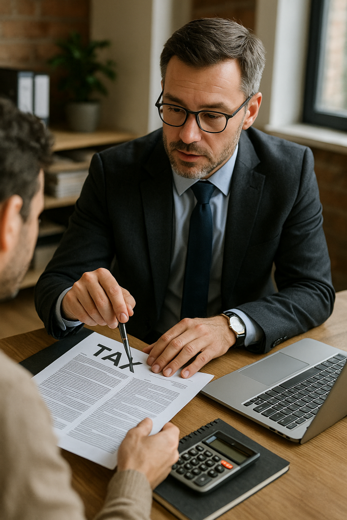 professional accountant reviewing detailed tax documents with a client, explaining bookkeeping and compliance steps during a meeting in a modern office.