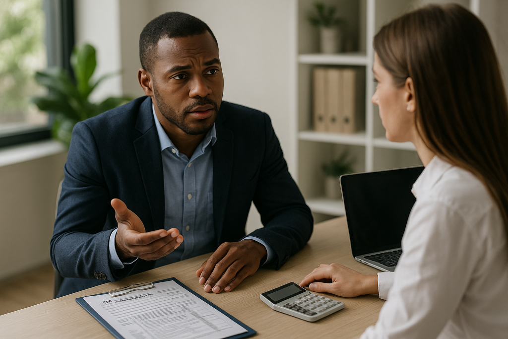 Business owner meeting with a tax and bookkeeping specialist to review financial documents and clarify tax questions.”