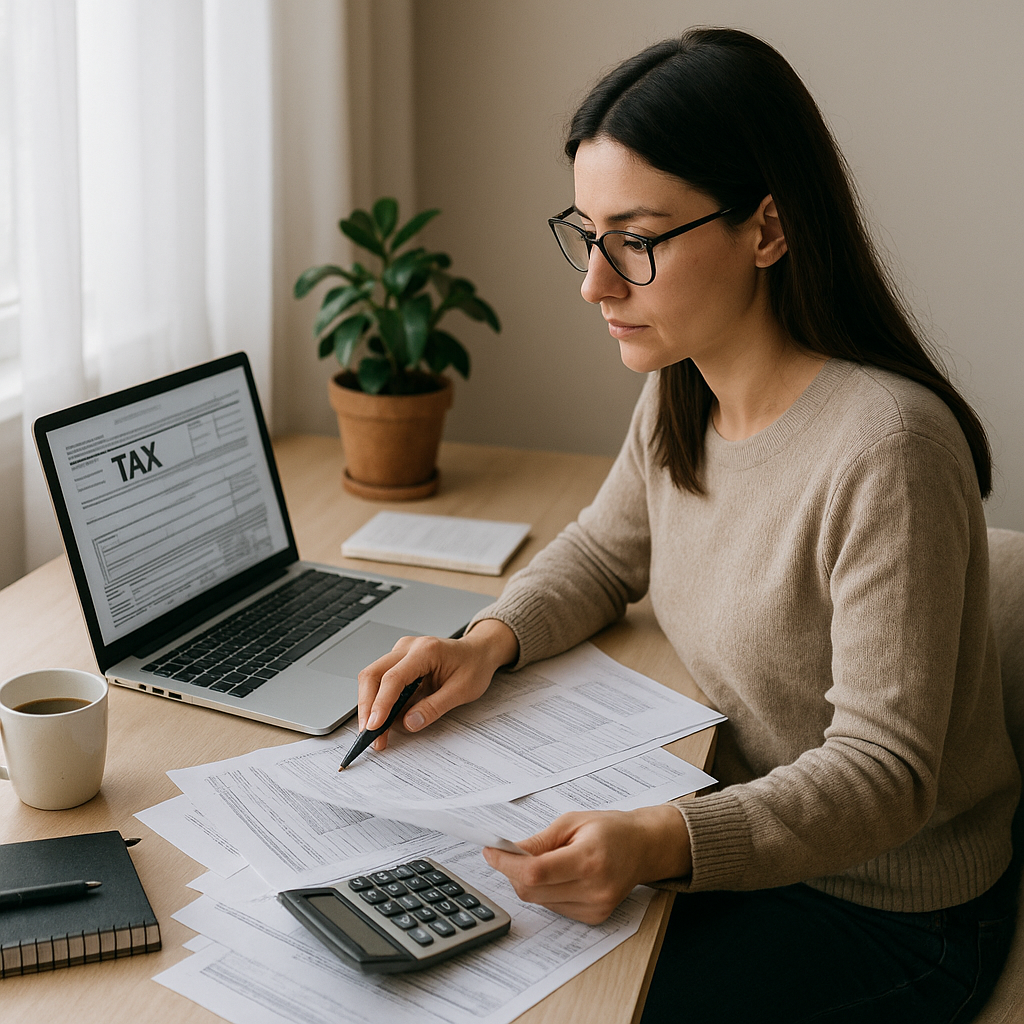 An accountant reviewing paperwork and entering data into a laptop, organizing bookkeeping records and preparing tax documents.