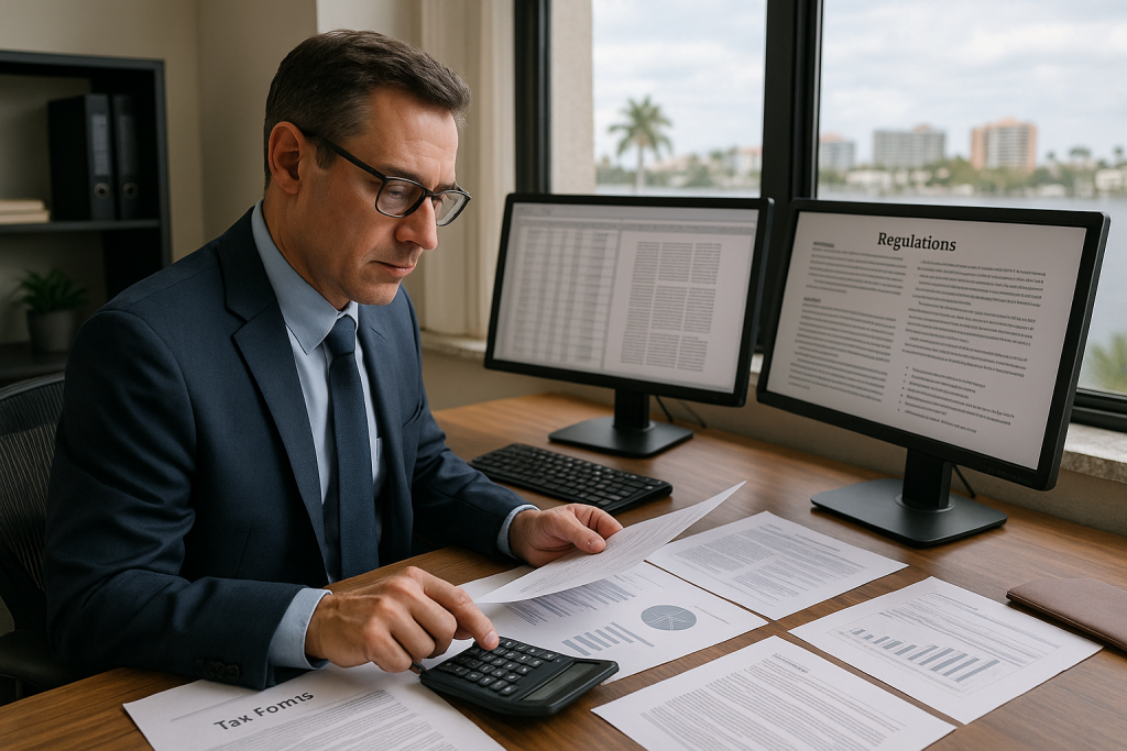 A focused accountant reviewing tax documents and financial statements on a desk, using a calculator and dual monitors — representing accurate bookkeeping and up-to-date tax compliance.