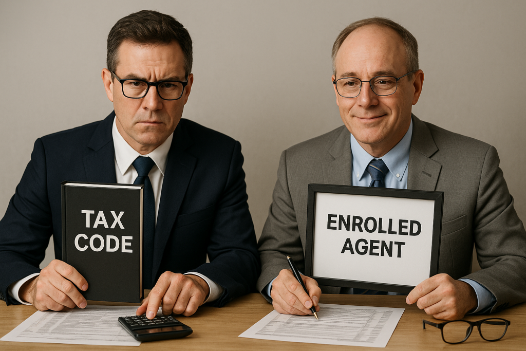 A realistic scene of two tax professionals sitting at a desk reviewing financial documents, symbolizing the comparison between CPA and Enrolled Agent services for bookkeeping and tax preparation.