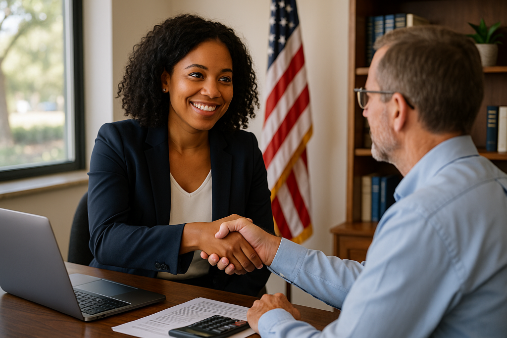 Professional tax and bookkeeping advisor meeting with a client in an office, reviewing financial documents and providing trusted tax guidance.