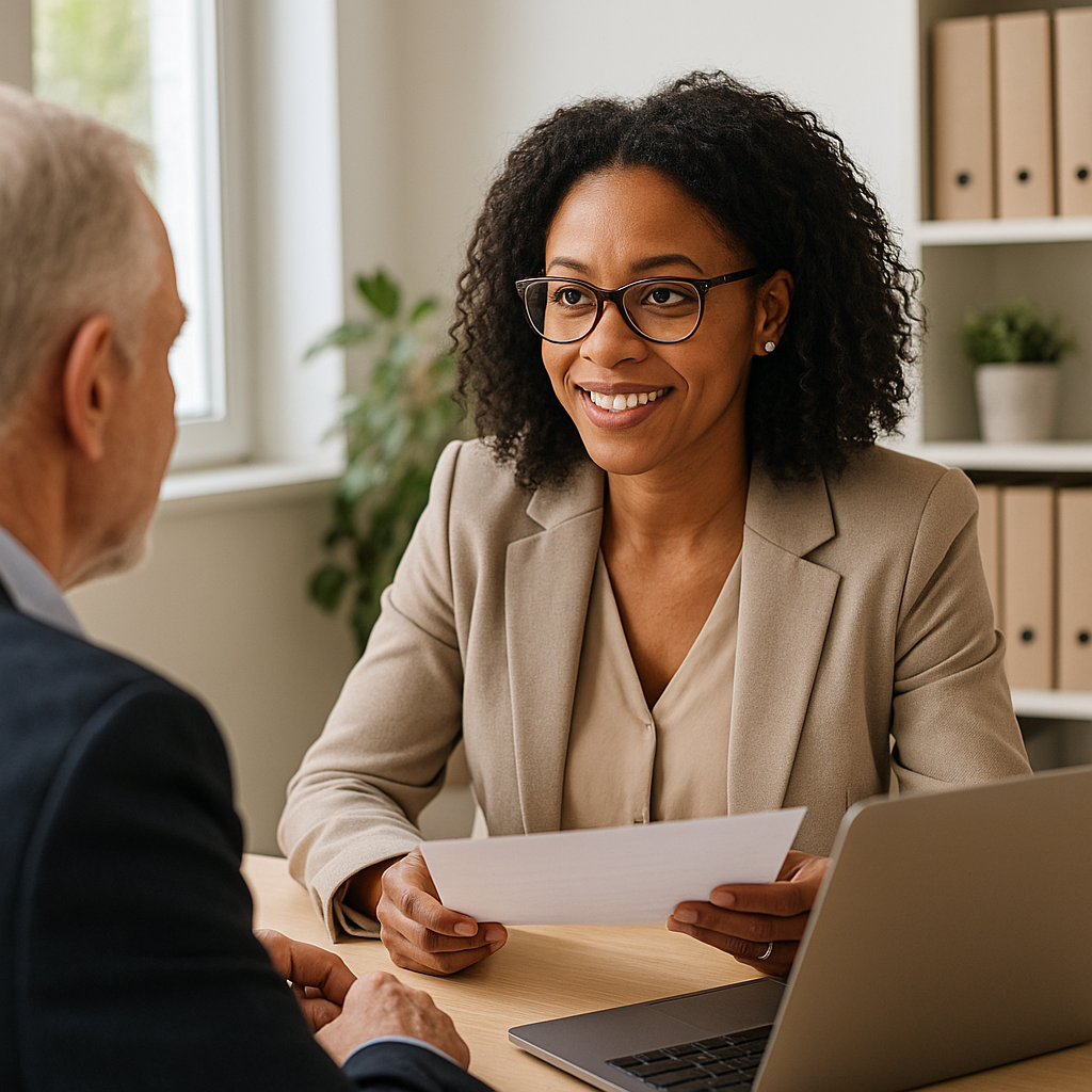 Accountant meeting with a small business client to discuss monthly bookkeeping services and financial records.