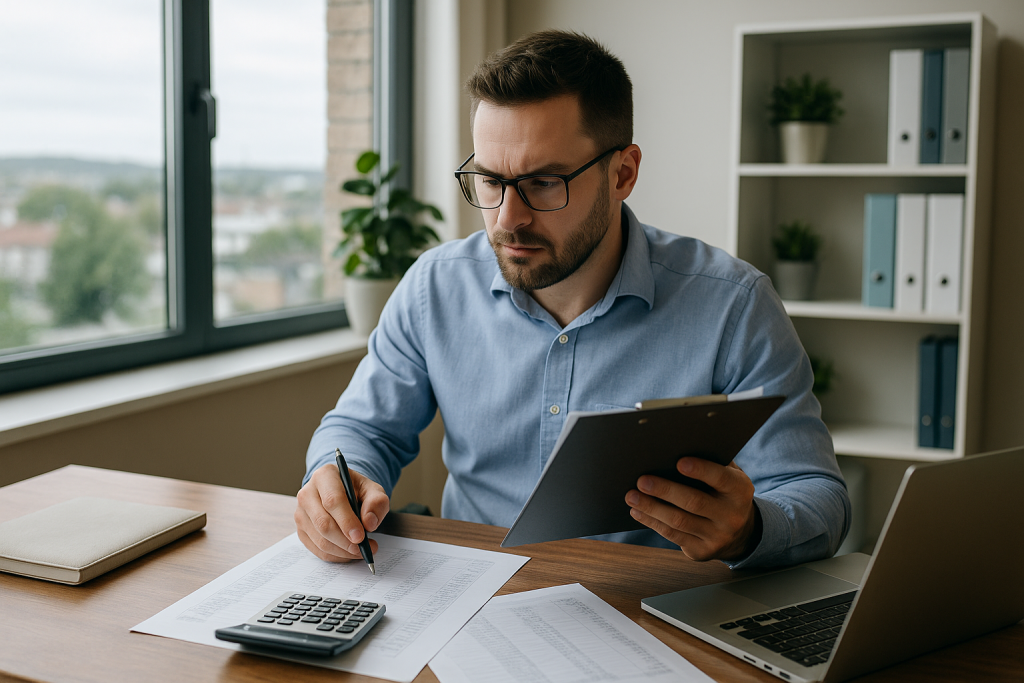 Professional accountant reviewing financial documents and performing bookkeeping calculations in an office.