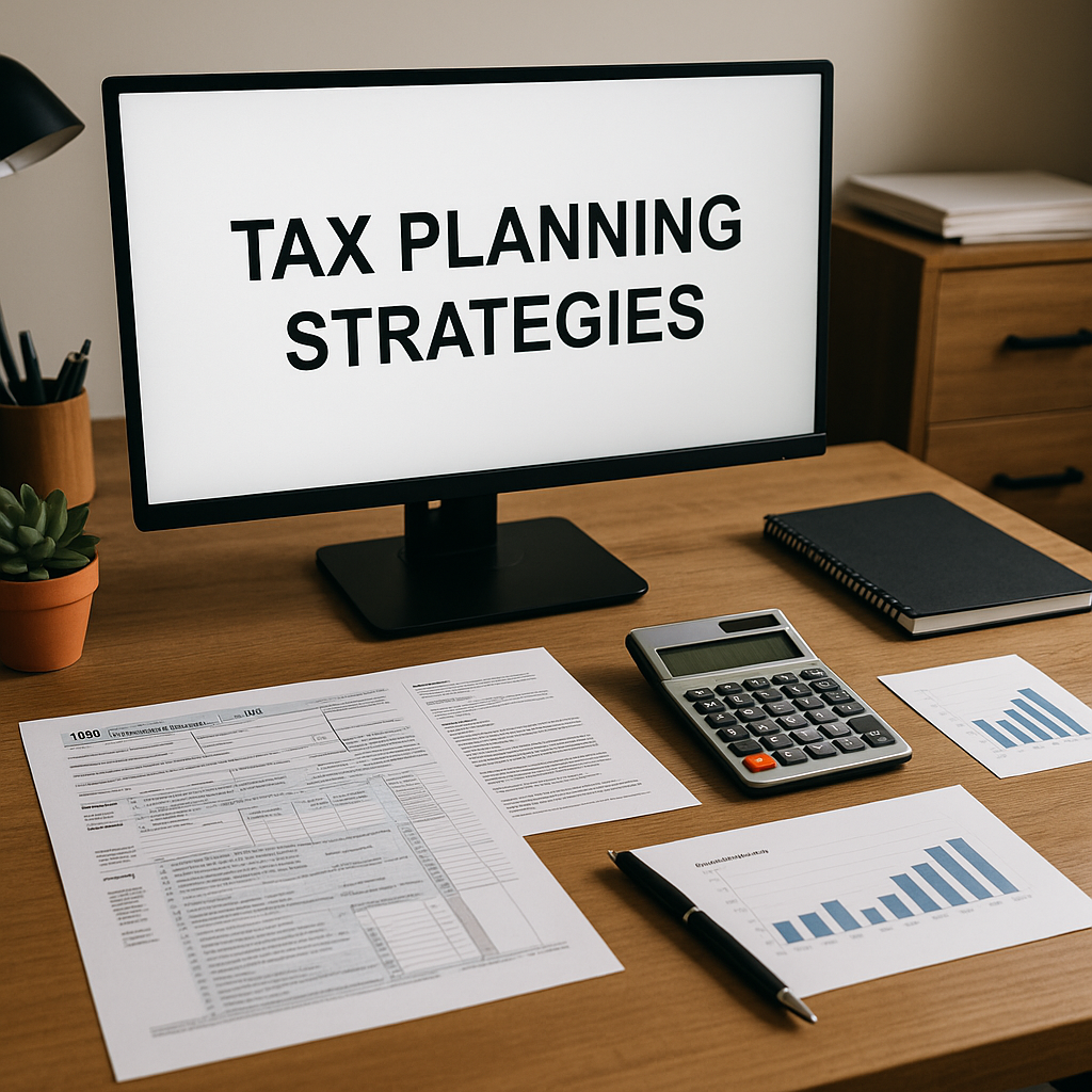 Professional clean-desk workspace with financial documents, calculator, and computer used for tax planning strategies, bookkeeping, and business tax preparation.
