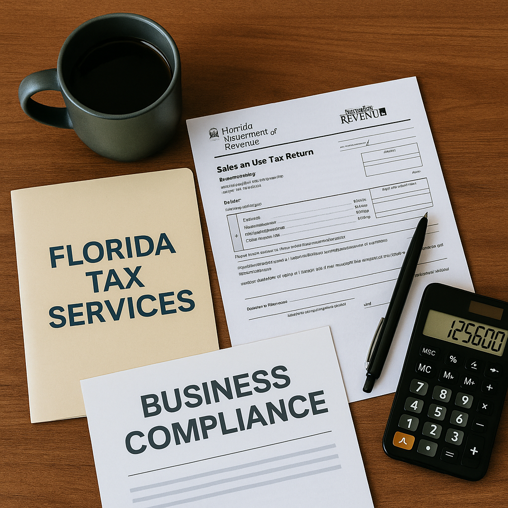 Florida Tax Services professional workspace with sales tax forms, calculator, coffee, and compliance documents.